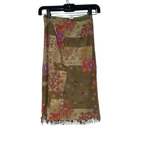 Monteau Olive Patchwork Midi Skirt with Floral Print